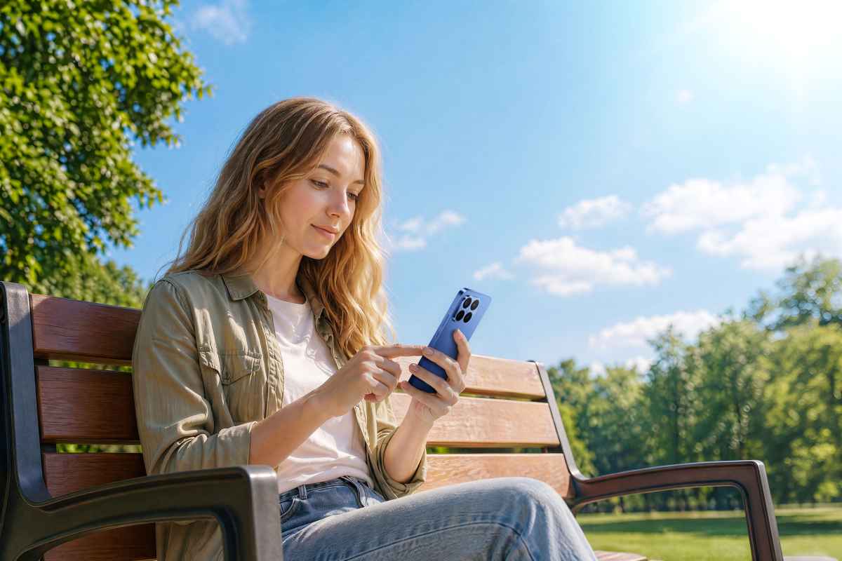 Moteris sėdi ant suolelio parke ir laiko išmanųjį telefoną rankose.